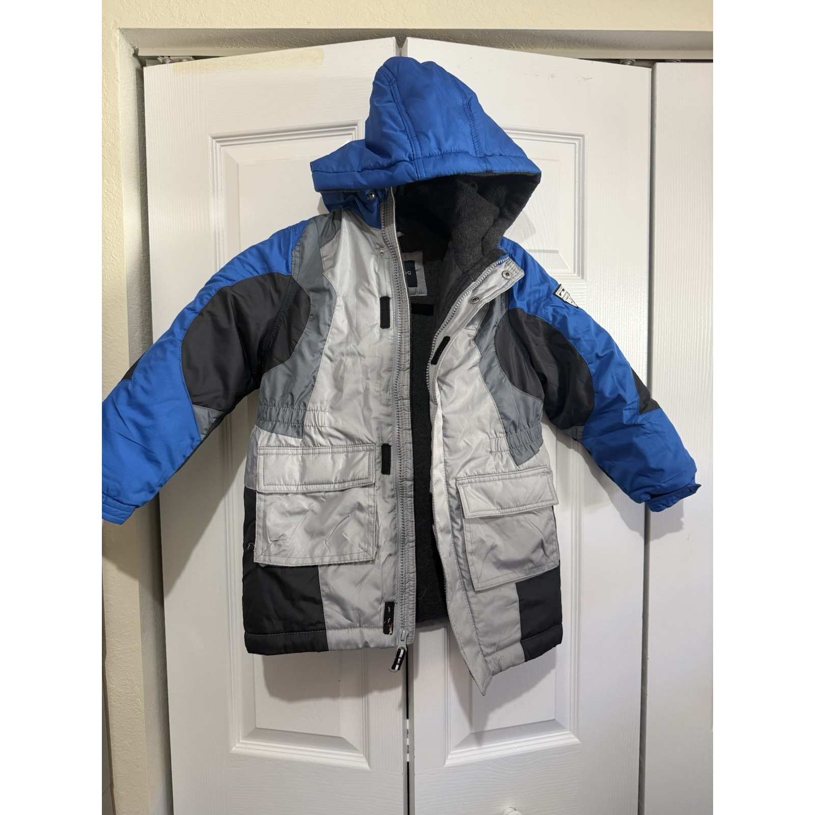 London Fog Kids Winter Puffer Jacket Coat L 7 Blue Gray Hooded Warm Worn Once
